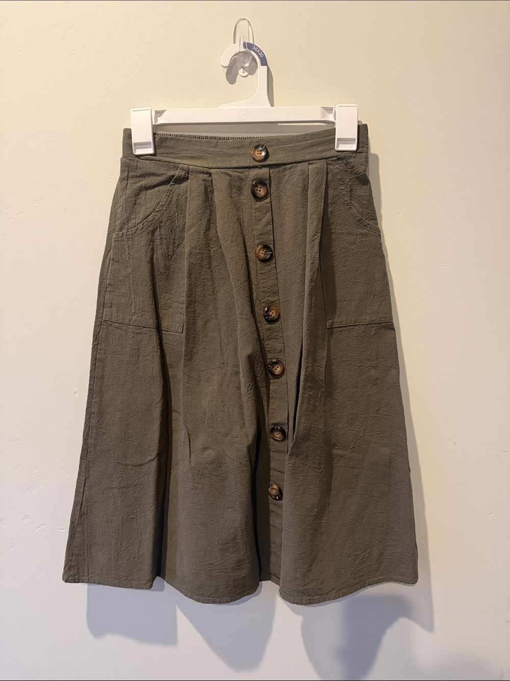 Button-Front Olive Midi Skirt with Patch Pockets